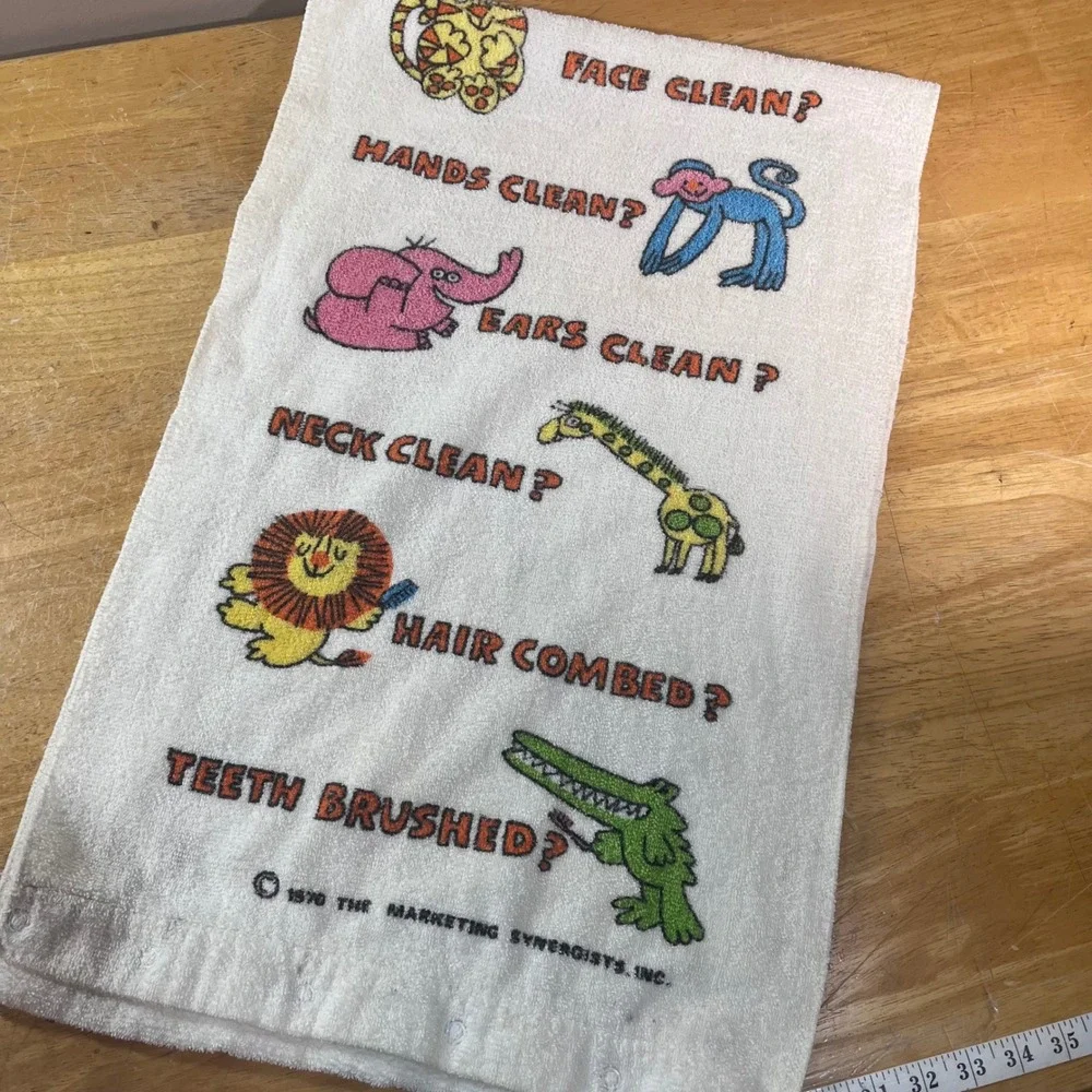 Marimekko Hand Towel Kids White Vtg 1970s Animal Hygiene Graphic